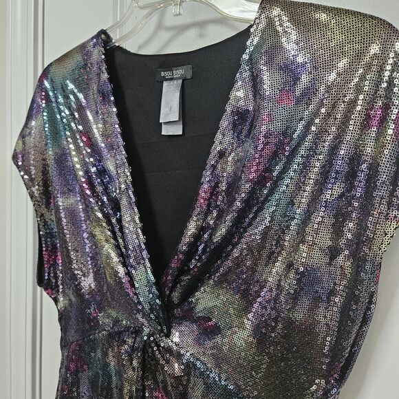 Bisou Bisou Michele Bohbot Multicolor Sequin Dress Women's 8 V-Neck Knot Waist - Picture 8 of 12
